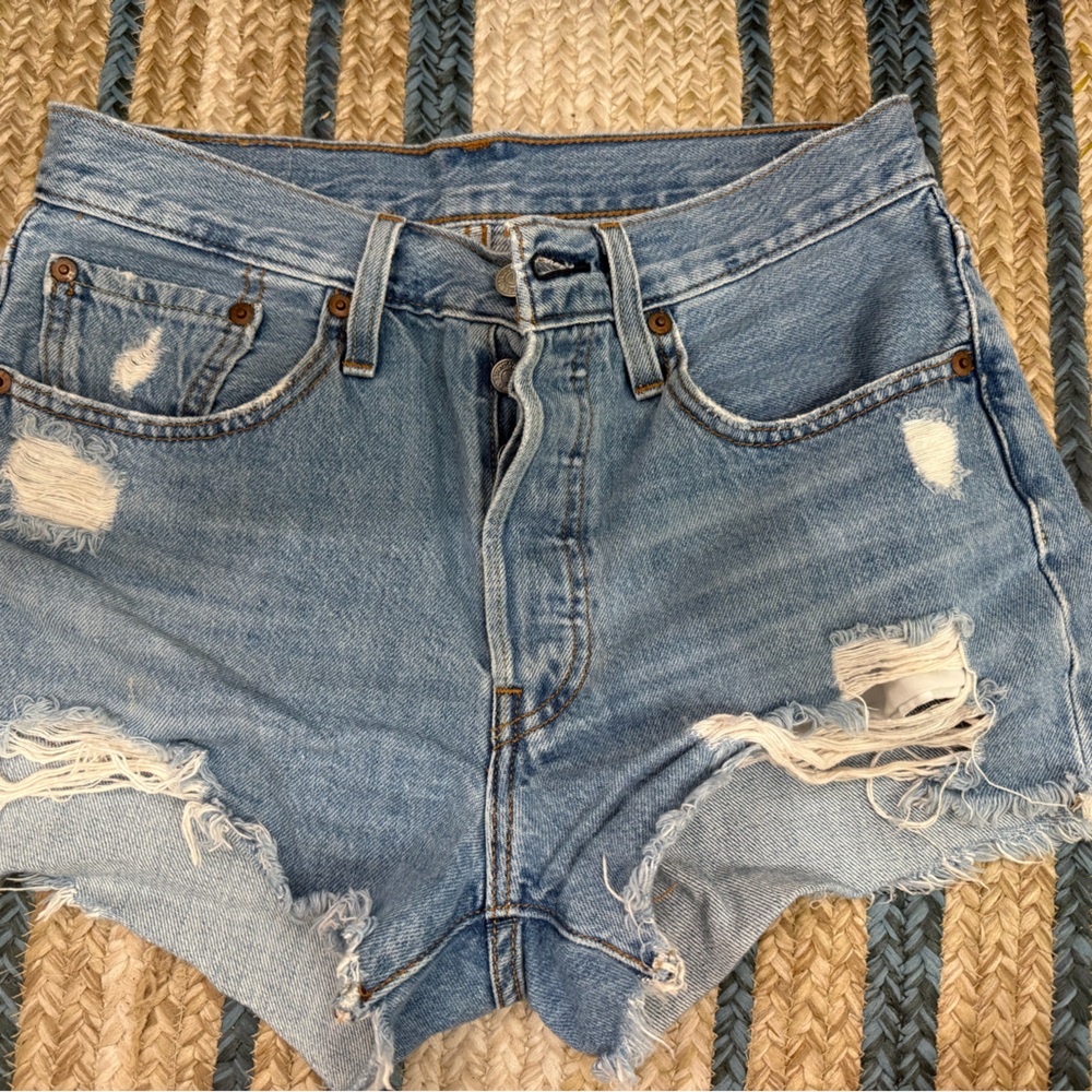 Levi's Light Blue Distressed High-Rise Denim Shorts